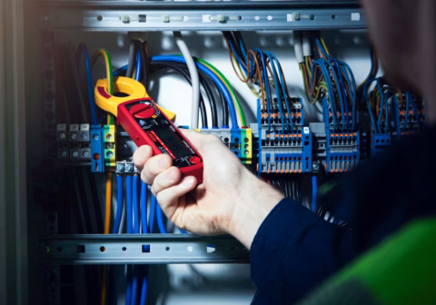 Elektriker misst mit einer Strommesszange den Schutzleiterstrom in einem Schaltschrank.